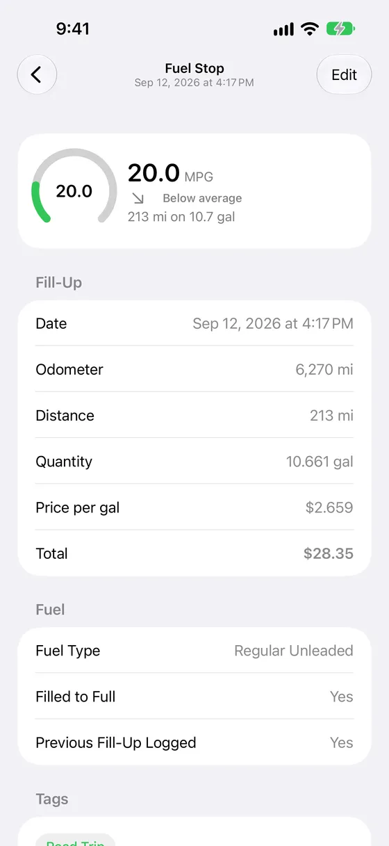 A single fuel stop: its economy gauge, the figures for the tank, a small map of the station, and its tags.