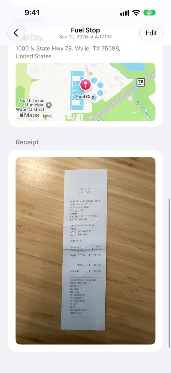 A fuel stop with the photographed receipt kept alongside it.