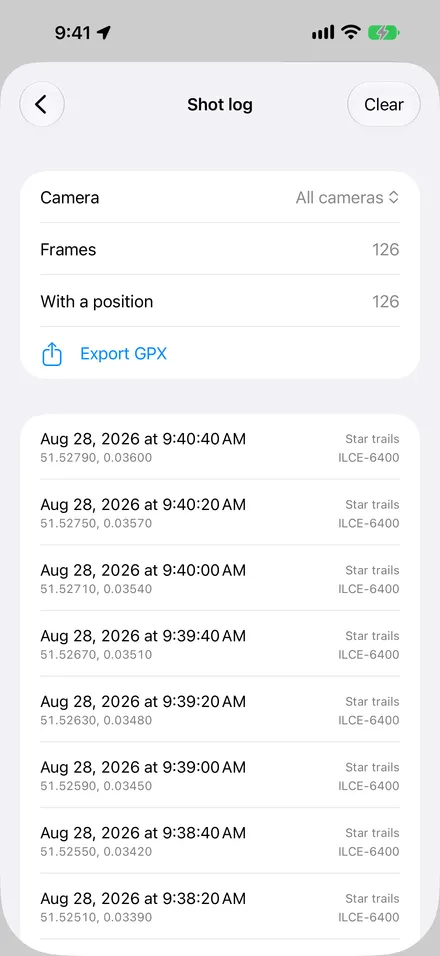 The shot log listing each frame with its time and coordinates, and an Export GPX button.