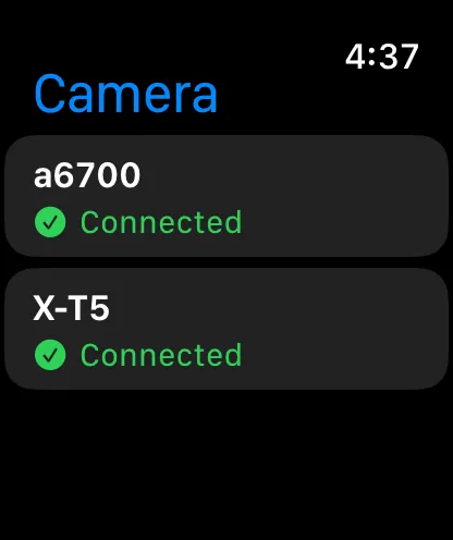 The Apple Watch camera picker showing two cameras connected.